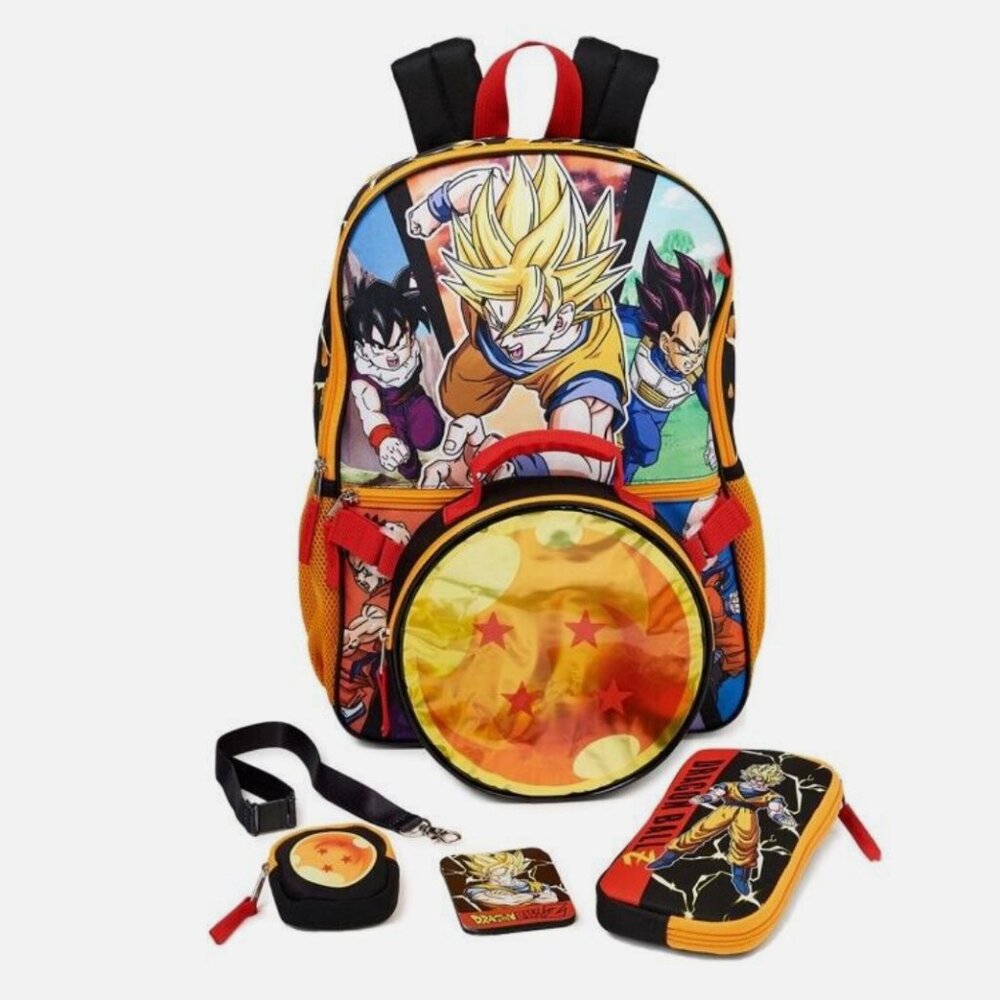 New Dragon Ball Z Goku Sublimated 17" Backpack Bag 5 Piece Set Lunch Tote Case